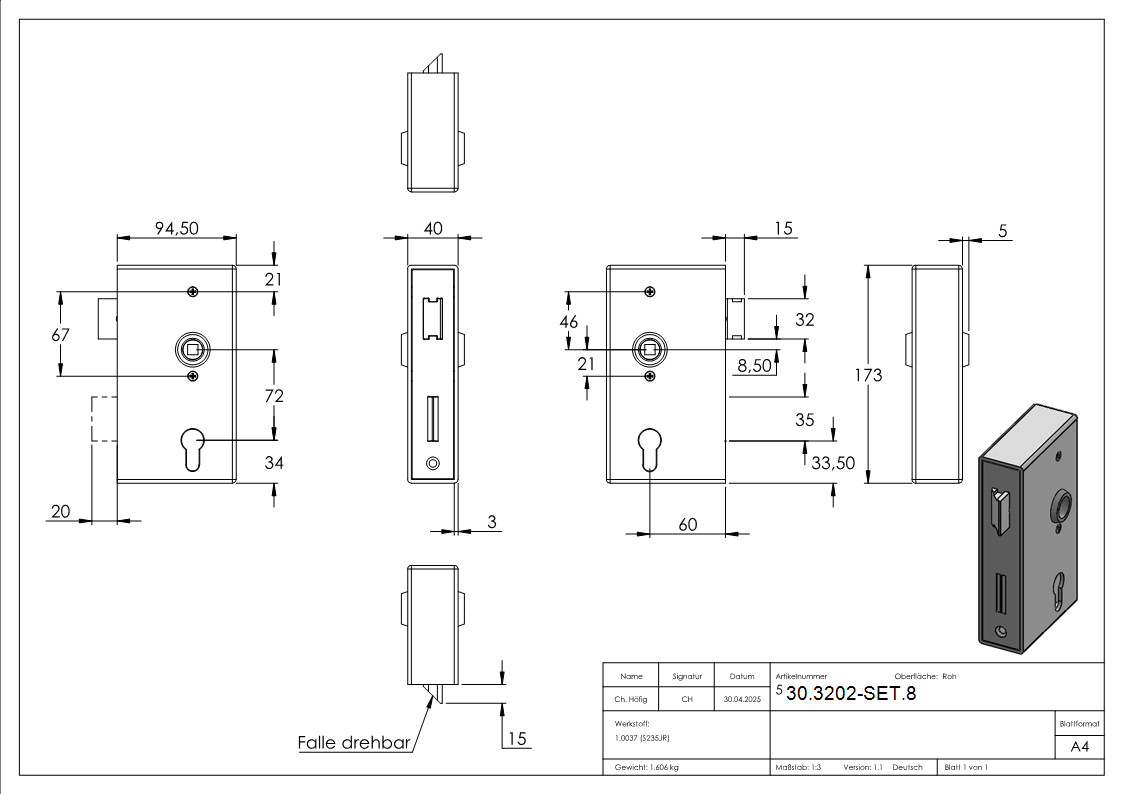 Kastenschloss Set verzinkt 40x60x173 mm rund-30-3201-SET-8.3