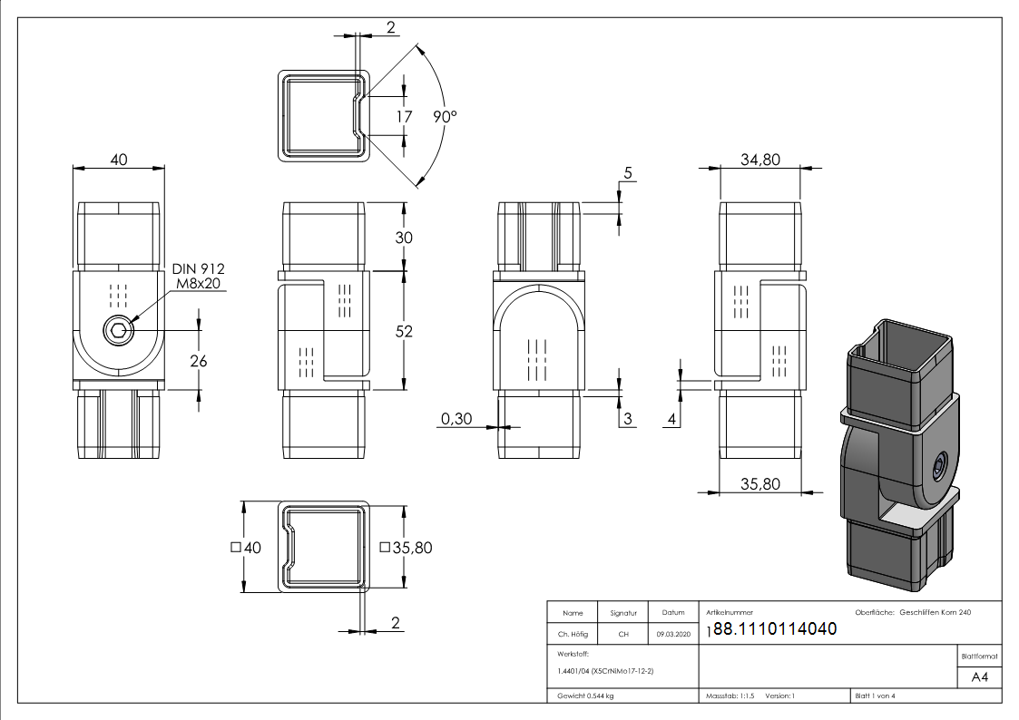 Gelenkverbinder V4A 40x40x2 mm steckbar verstellbar-88.1110114040