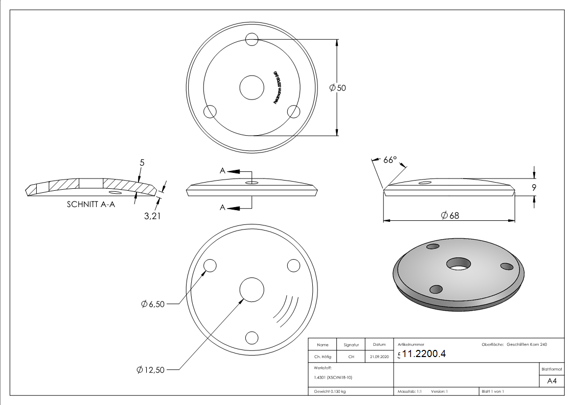 Ankerplatte Ø 68 x 5 mm gewoelbt mit Zentrierbohrung- Ø 12-5 mm V2A-11-2200.4