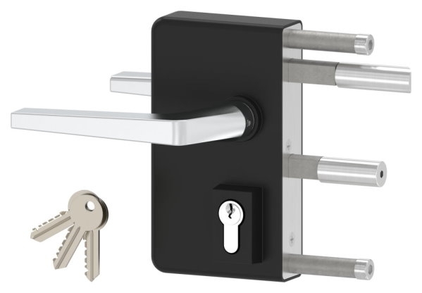 Gittertorschloss GTS 2 fuer Rohrstaerke 60-80mm- montagefertiges Set- schwarz-88-1156704-ALU.9005