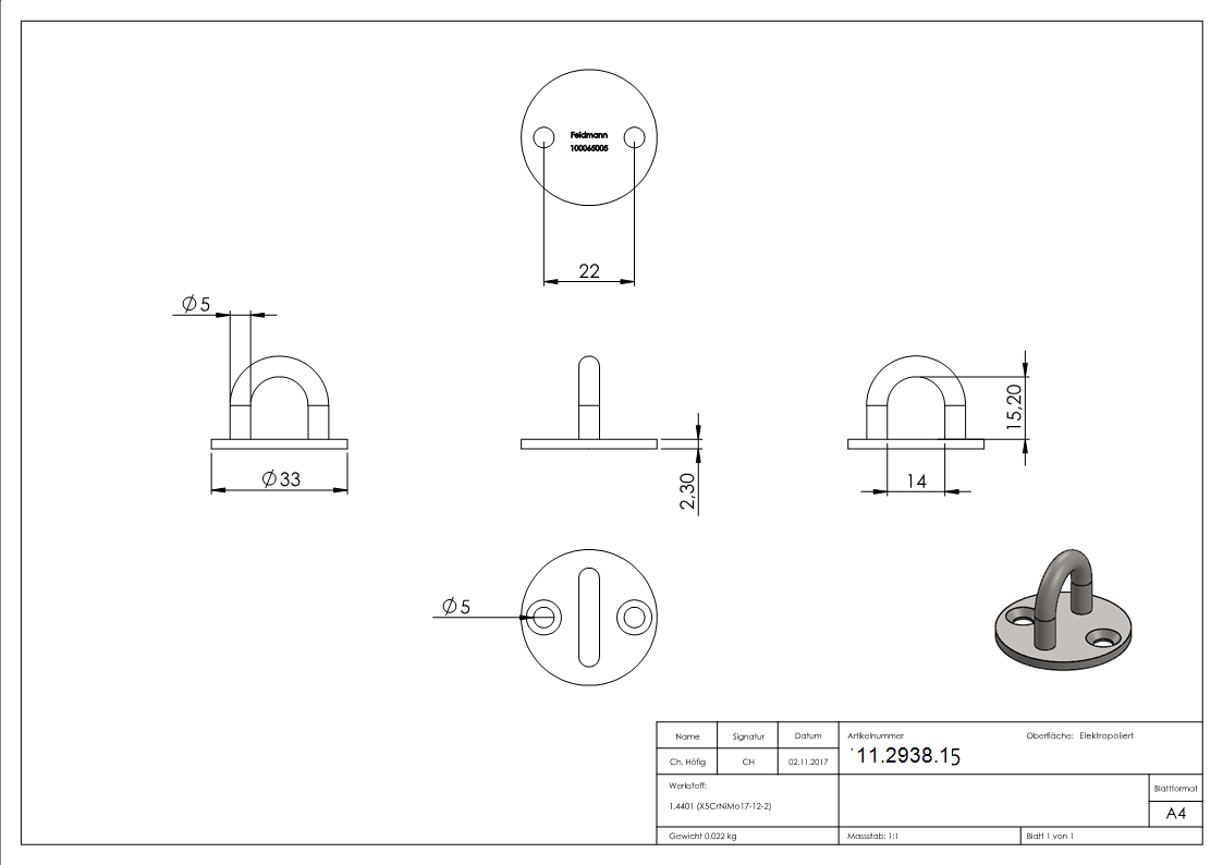 Befestigungsoese - Ø Oese- 5 mm - Platte- Ø 33 mm - V4A-11-2938.1