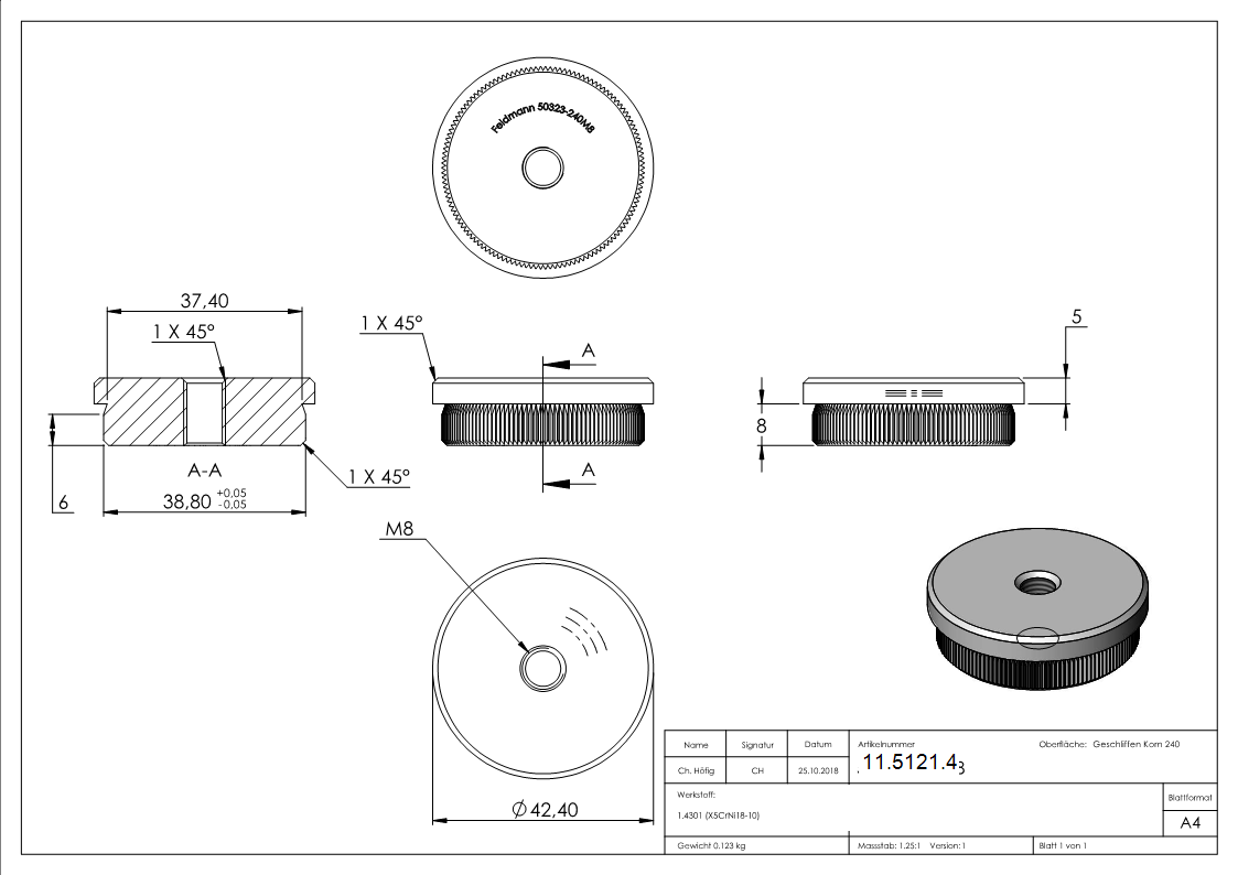 Einsteckkappe V2A fuer Rohr Ø 42-4 mm x 2-0 mm mit M8 Gewinde flach-11-5121.4