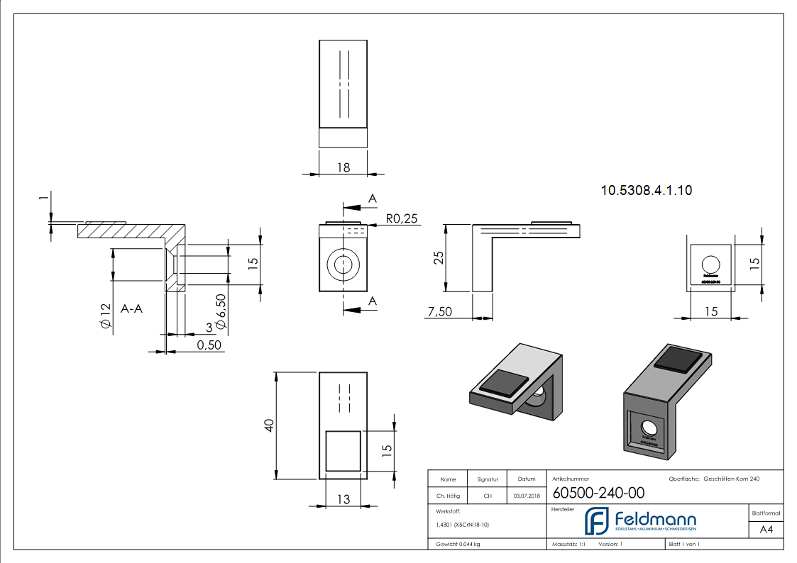 Halteboden fuer Glas Anschluss Flach - Edelstahl V2A-10-5308-4-1.10