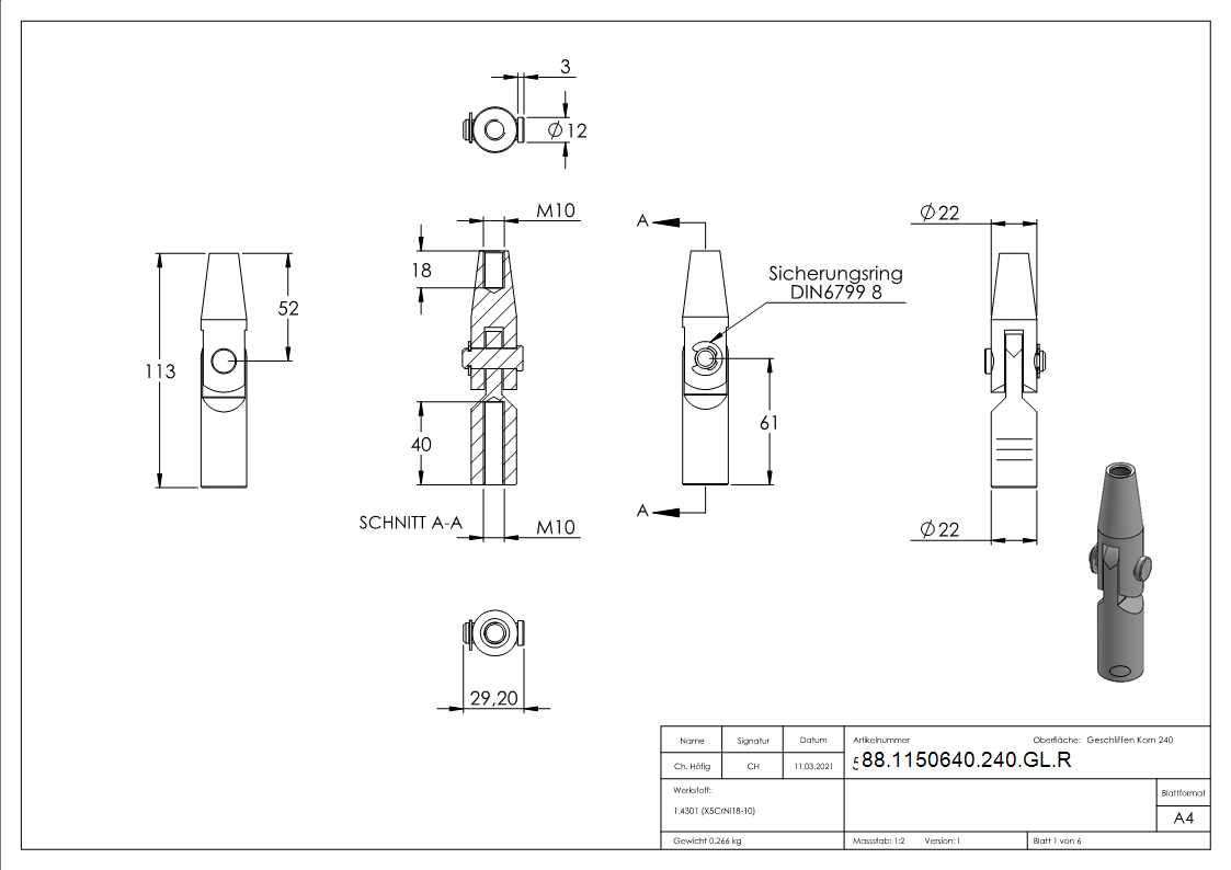 Gelenk Wandhalter Edelstahl V2A M10 Gewinde Rechtsgewinde geschliffen Korn 240-88-1150640-240-GL.R