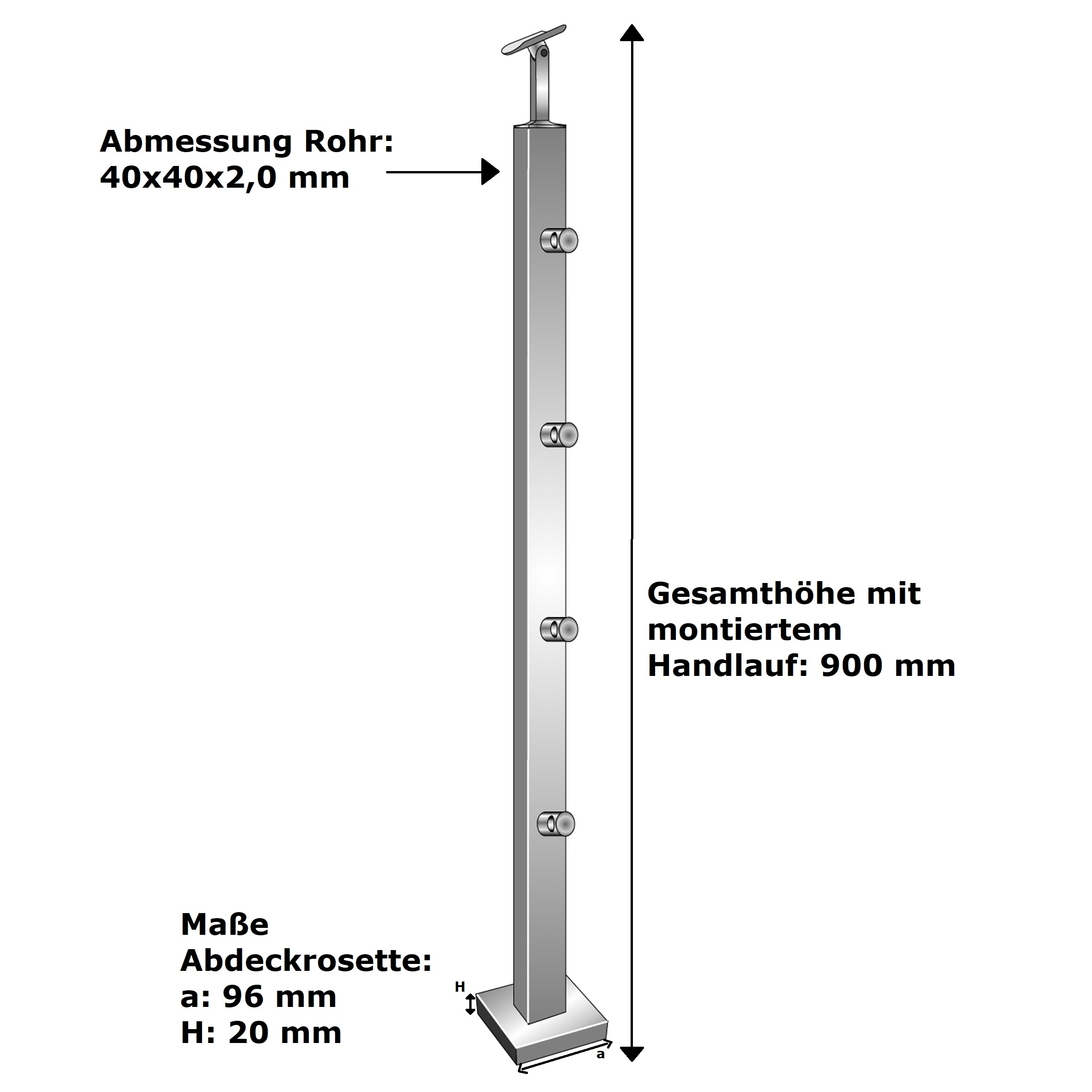 Gelaenderpfosten V2A 900 mm 40x40 mm Oberverankerung 4 Fuellstabhalter d12-14-0083ER-A.4