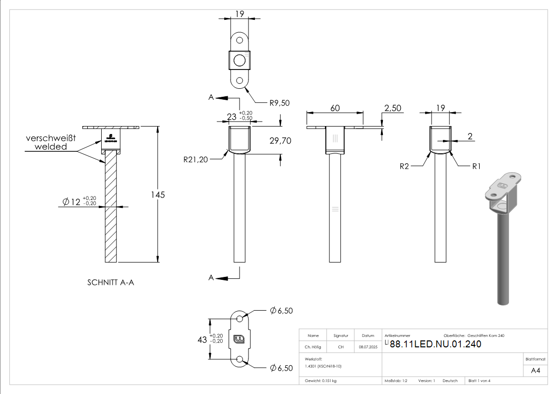 Handlaufbefestigung V2A 145 mm Ø12 mm Nut 24x24 mm voll LED-88-11LED-NU-01.240