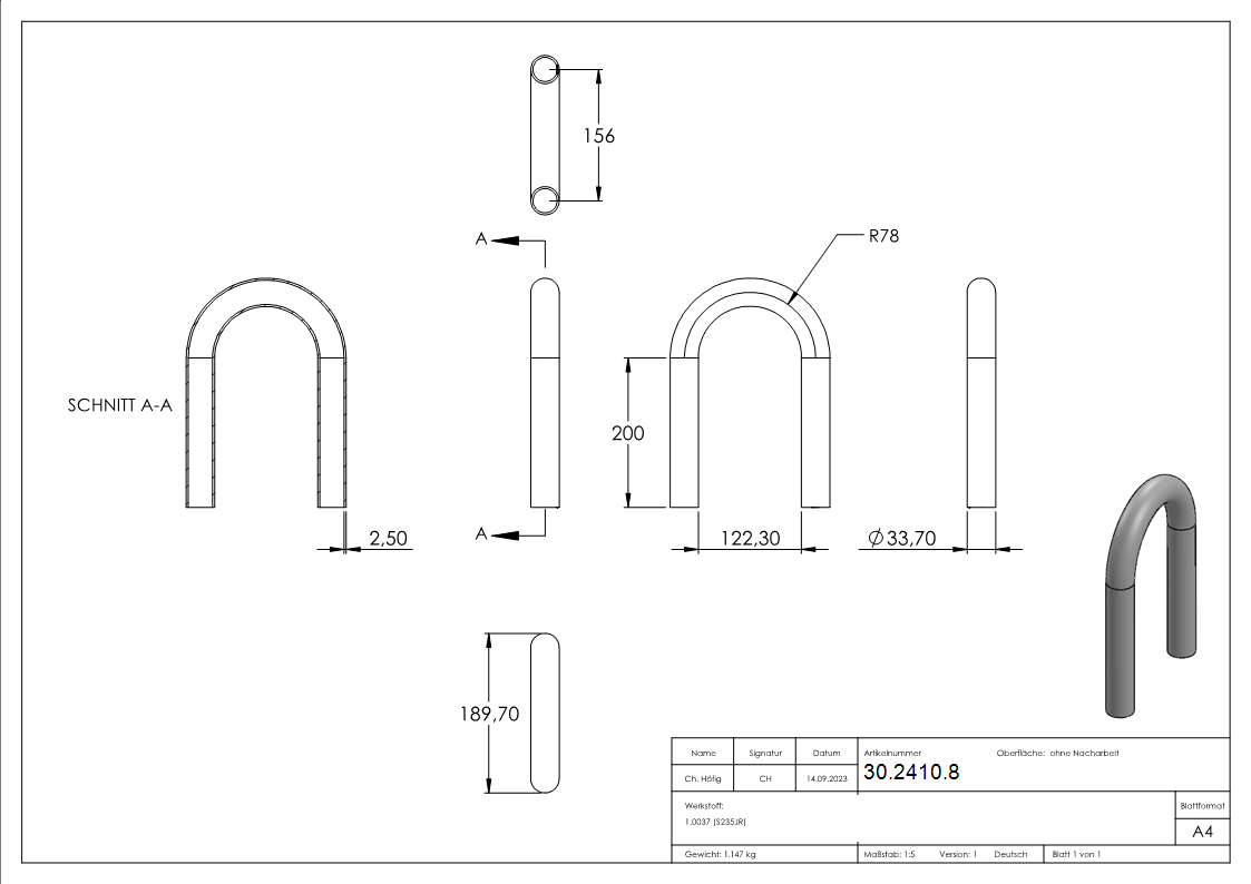 Rohrbogen 180° Stahl roh - 33-7 x 2-5 mm -1- - S235JR-30-2410.8
