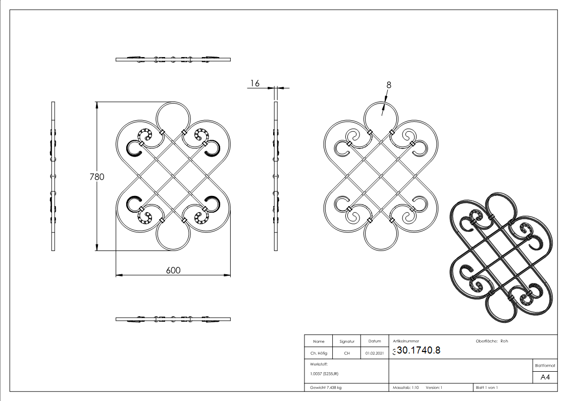 Mittelelement - gelocht - Masse- 780x600 mm - Material- 16x8 mm - Stahl S235JR- roh-30-1740.8