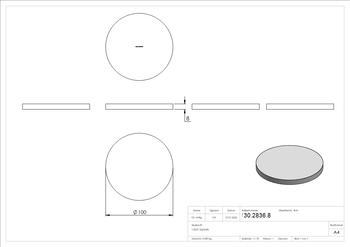 Ronde - Ø 100x8 mm - Stahl S235JR- roh-30-2836.8