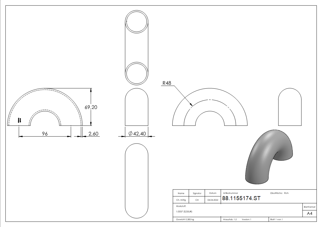 Rohrbogen 180° Stahl roh - 42-4 x 2-6 mm -1 ¼- - Bauart 3-88-1155174.ST