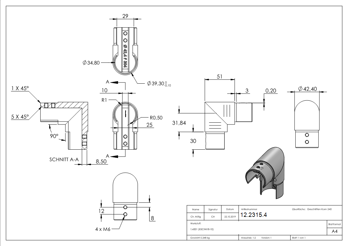 Rahmenecke 90° - vertikal - fuer Nutrohr Ø 42-4 mm - V2A-12-2315.4