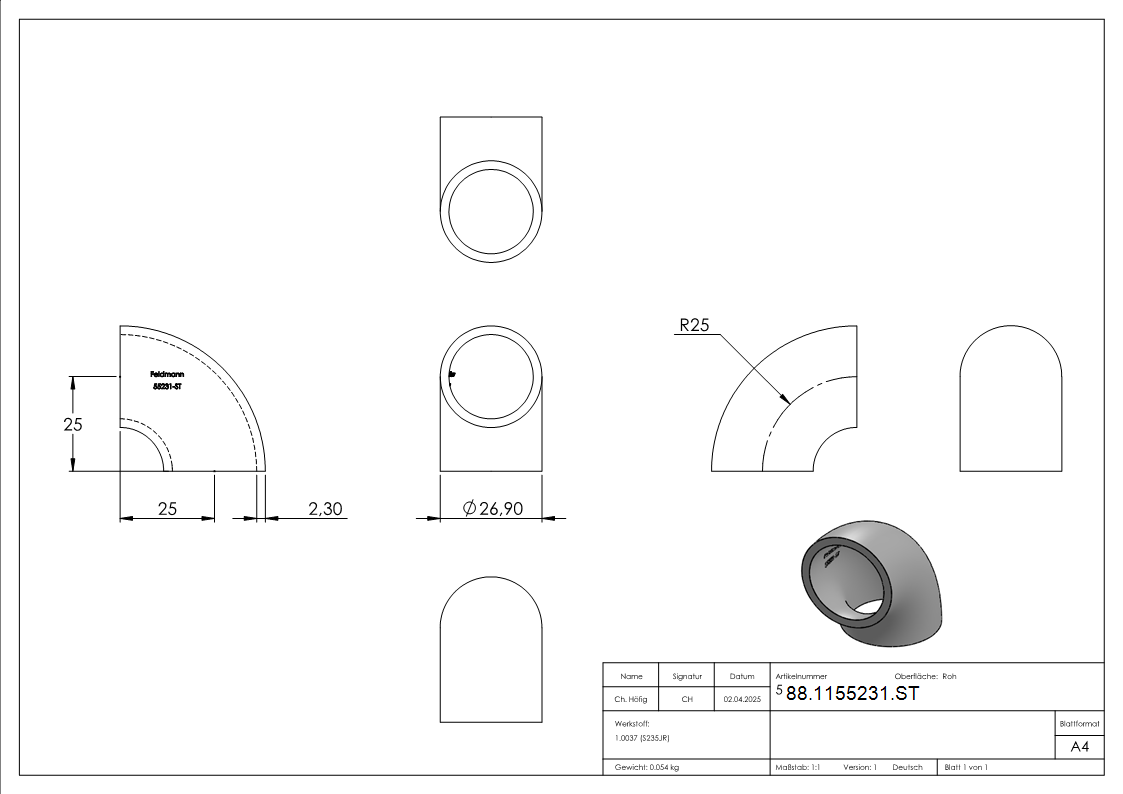 Rohrbogen 90° Stahl roh - 26-9 x 2-3 mm -¾- - Bauart 2-88-1155231.ST