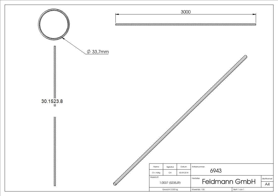 Rundrohr spindelfoermig geschmiedet  33-7x3-0 mm Laenge- 3000 mm Stahl -Roh-30-1523.8