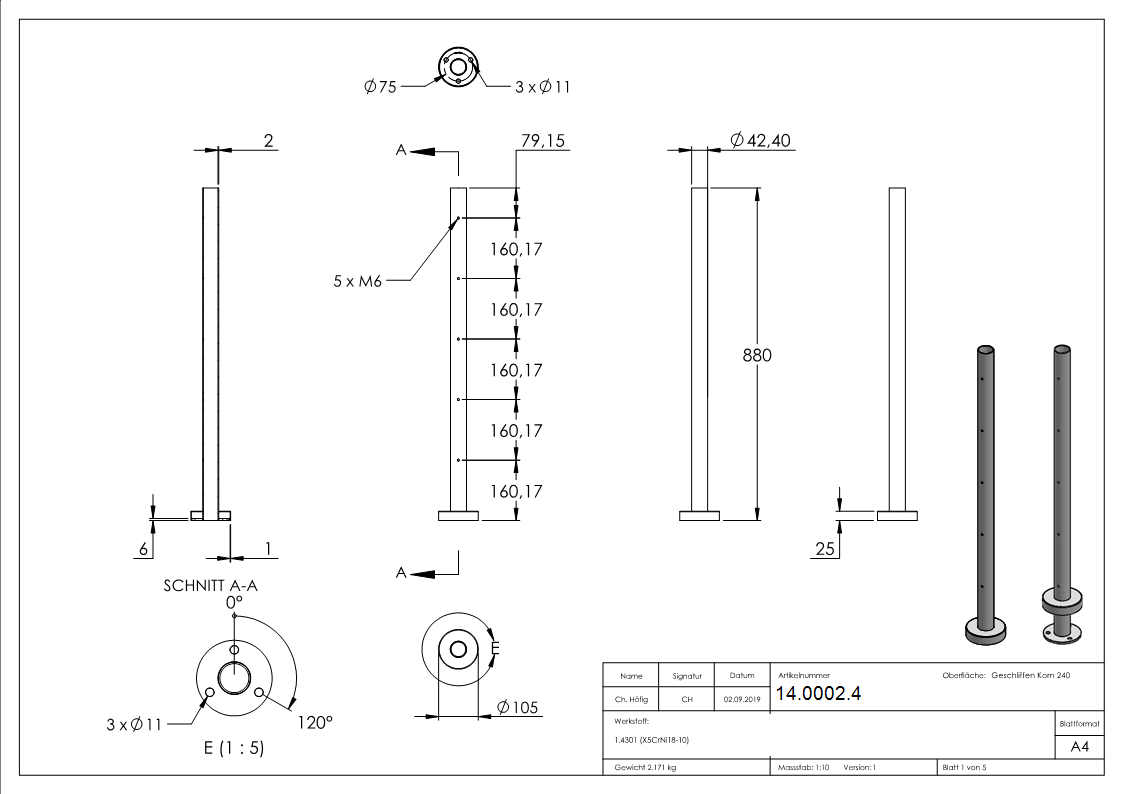 Gelaenderpfosten - fuer 5 Querstabhalter M6 - Laenge- 880 mm - V2A-14-0002.4