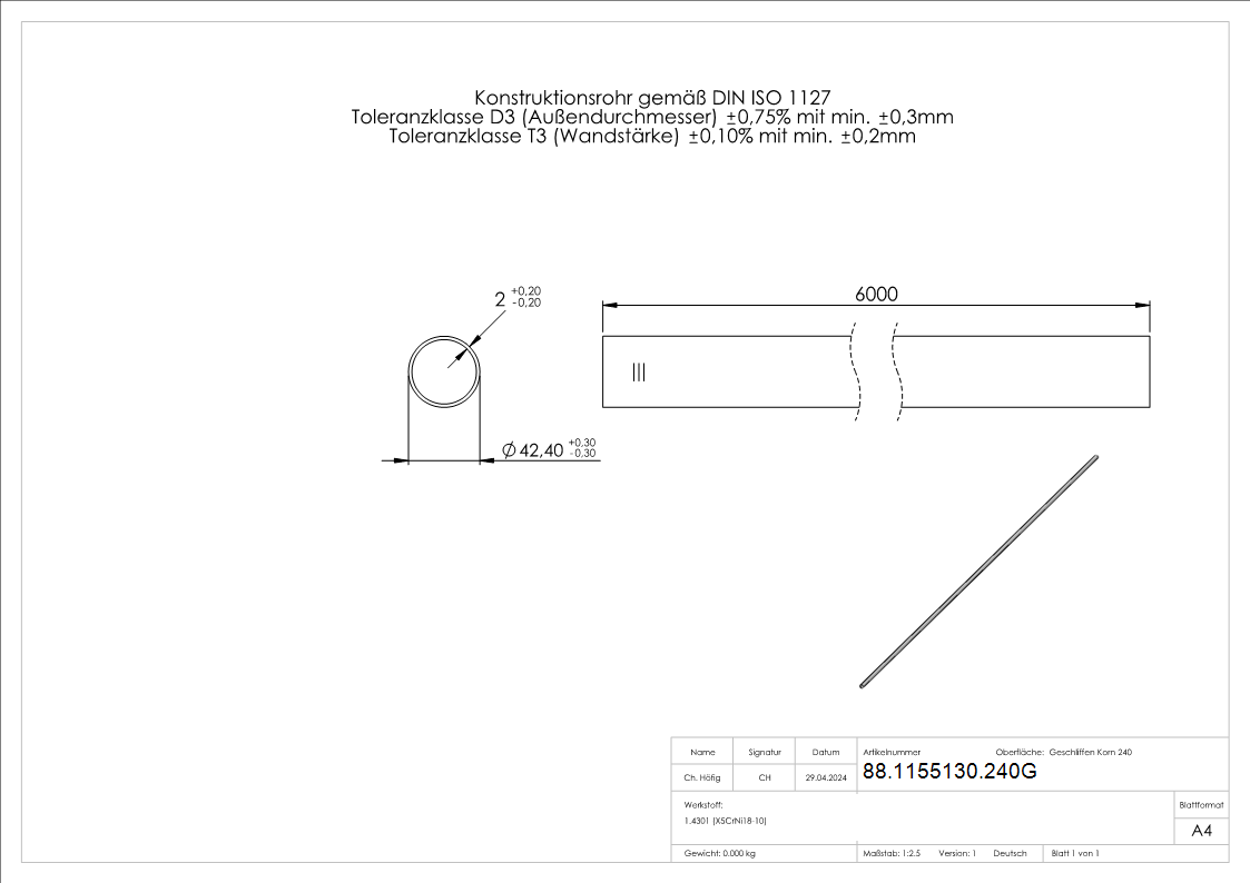 V2A-Rohr Korn 240 42-4x2-0mm geglueht-88-1155130.240G