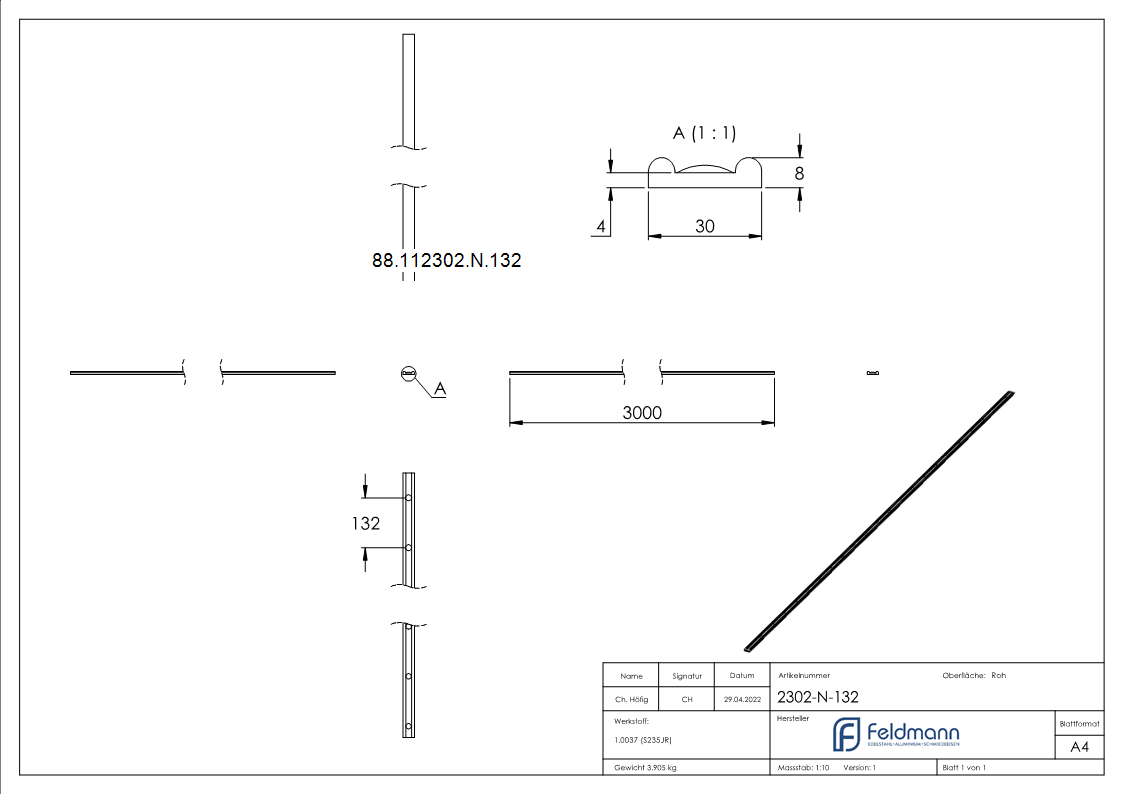 Hespeneisen 30x8x4 mm Profilstahl 3000mm S235JR Gelaenderbau-88-112302-N.132