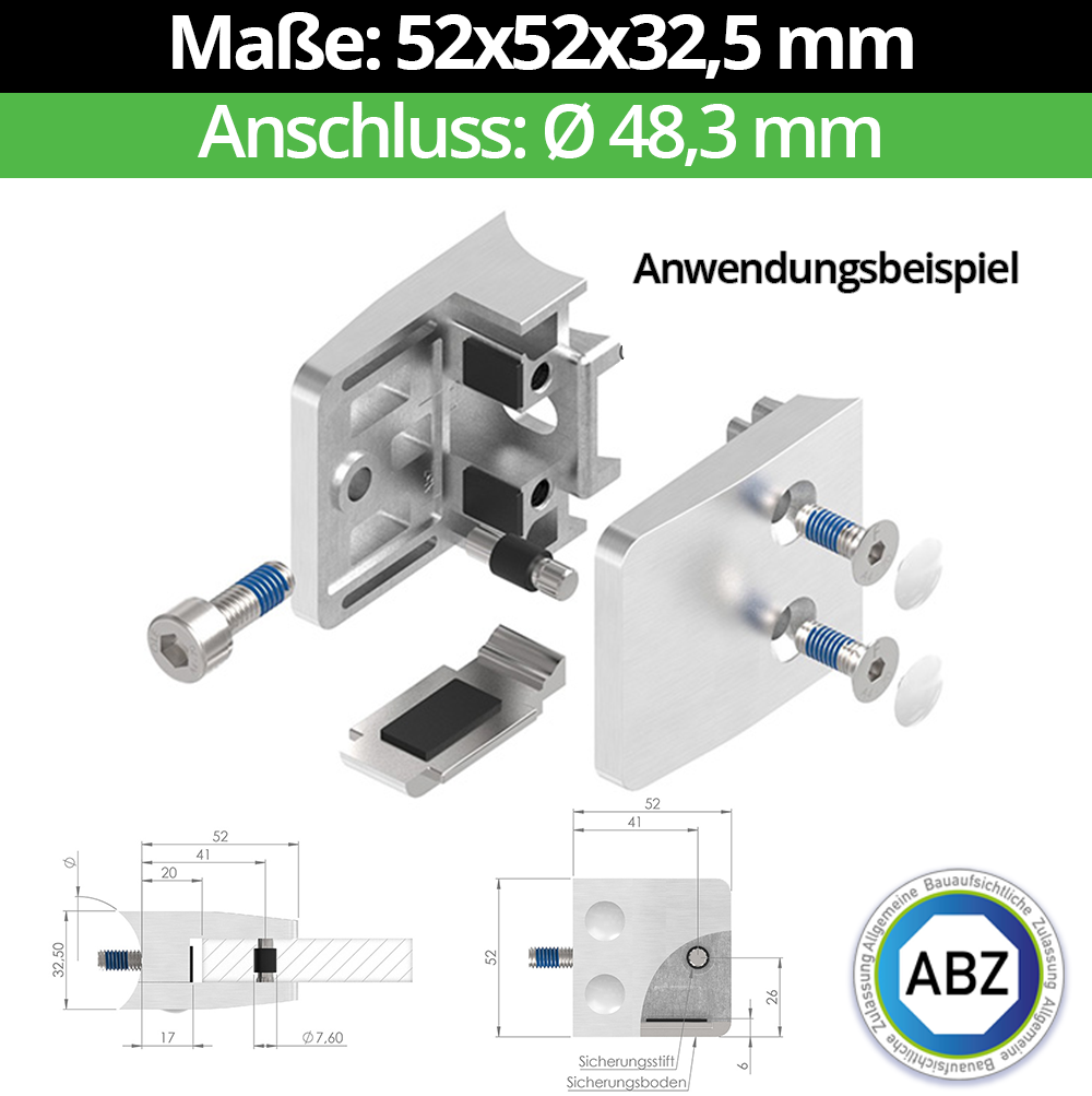 Glasklemme AbZ 52x52x32-5 mm  fuer Anschluss  Flach - Ø 42-4 mm - Ø 48-3 mm - 60-3 mm-10-MODELL34-48-11-1.1