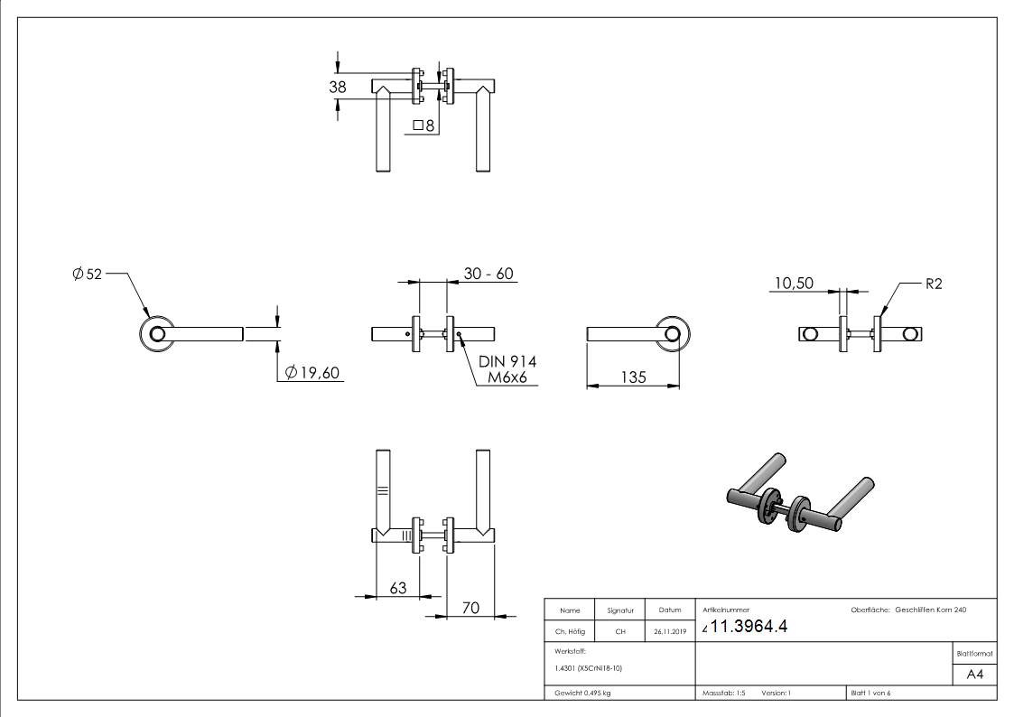 Tuerdrueckerpaar V2A  inklusive 8 mm Drueckerstift-11-3964.4