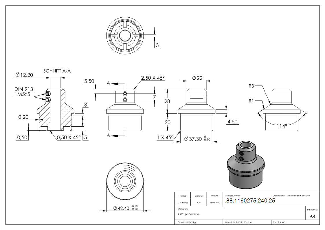 Rohrabschlussstopfen V2A Edelstahl fuer Rohr Ø 42-4 x 2-5 mm mit Durchgangsbohrung 12-2 mm-88-1160275-240.25