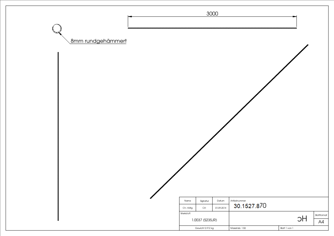Rundeisen spindelfoermig geschmiedet Ø 8 mm Laenge- 3000 mm Stahl -Roh- S235JR-30-1527.8