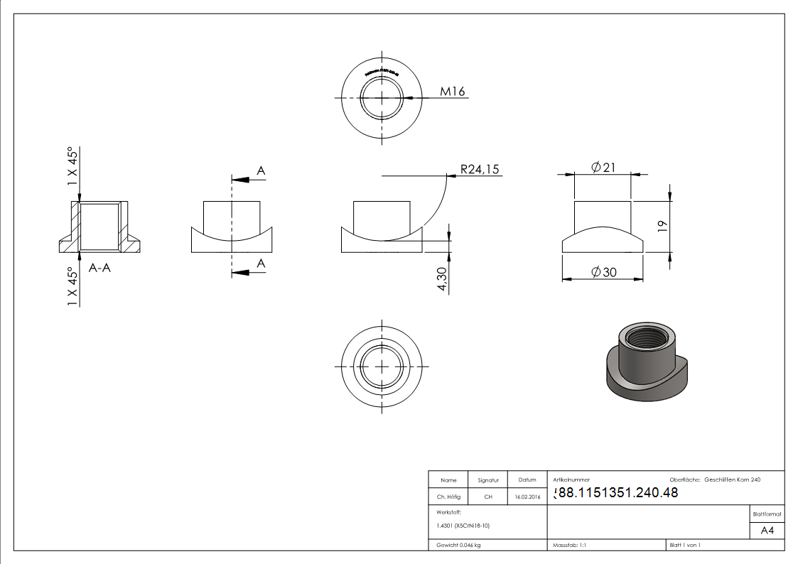 Gewindehuelse Edelstahl V2A fuer Rohr Ø 48-3 mm Gewinde M16 geschliffen Korn 240-88-1151351-240.48