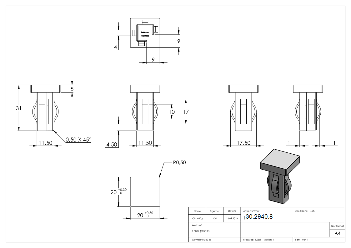 Stahlstopfen flach - fuer Rohr 20x20x1-5-2-0 mm - Stahl S235JR- roh-30-2940.8