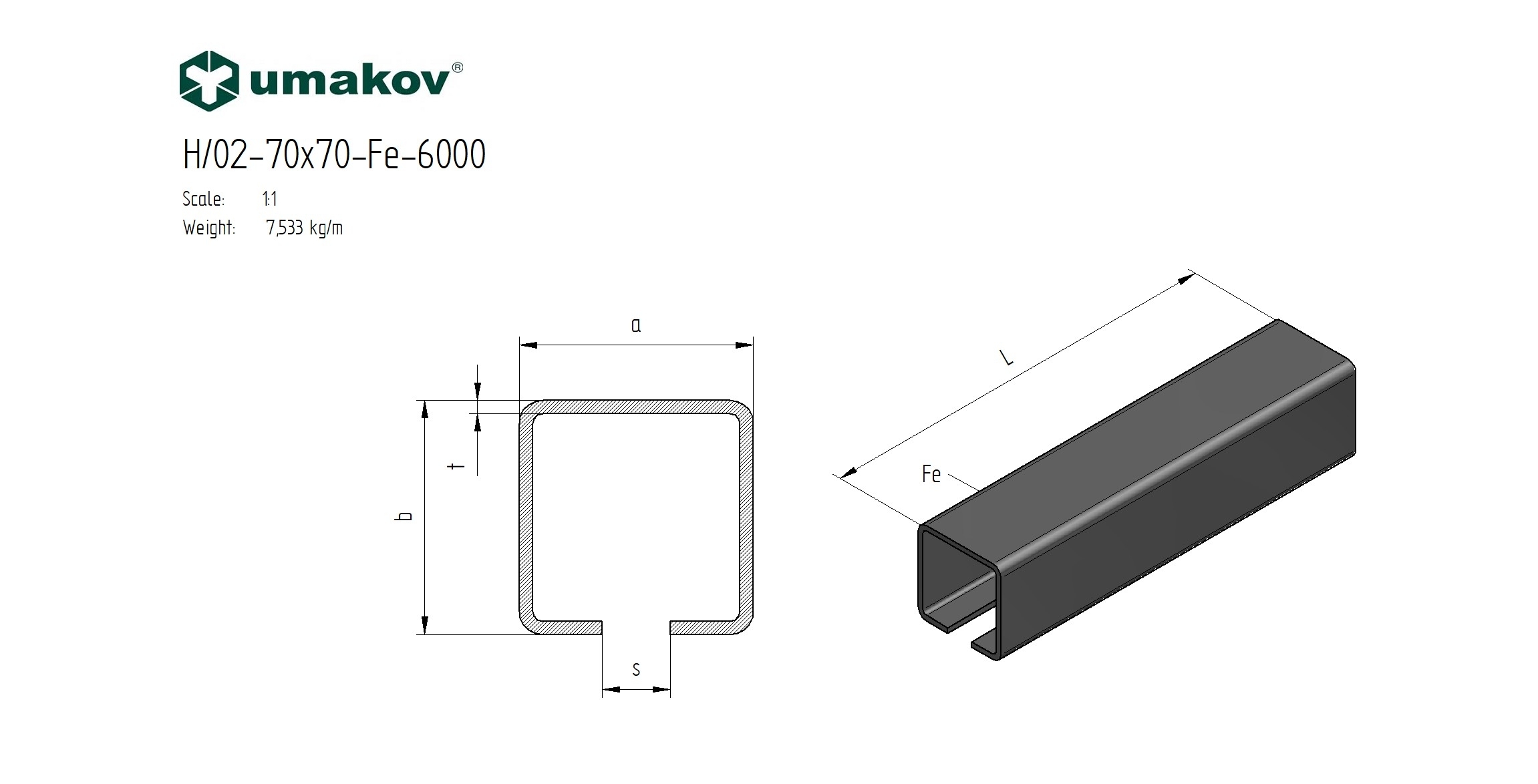 Laufschiene Stahl roh 70 x 70 x 4-0 mm fuer Schiebetore L=6000 mm-89-11H0270X70FE6000-A.4