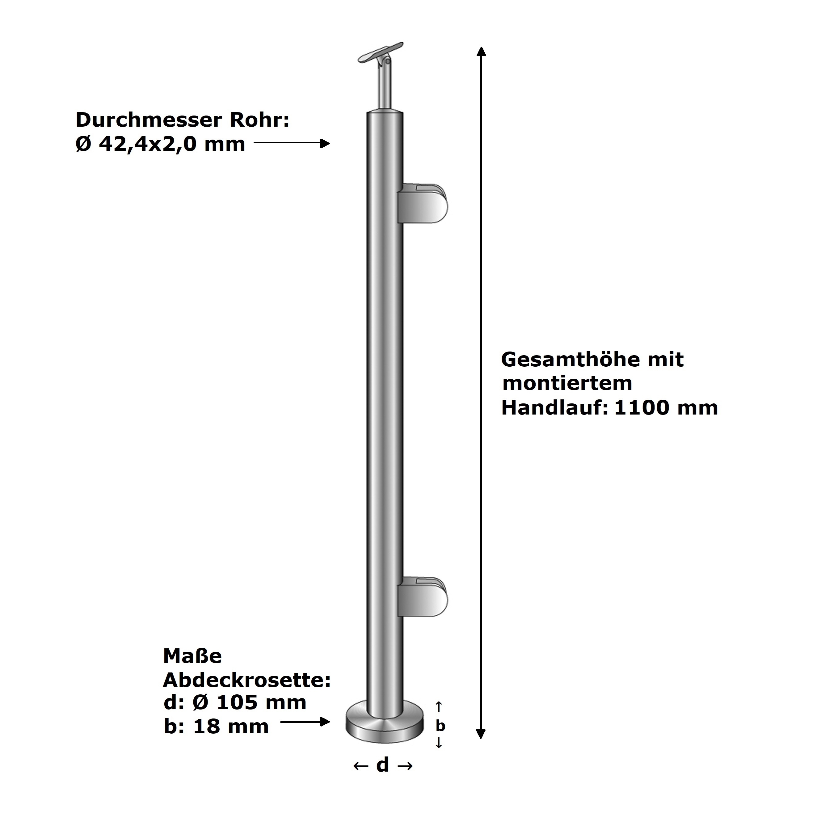 Gelaenderpfosten V2A 1100 mm- Glas 8-76 mm- Oberverankerung geschliffen-14-0033RG-A.4