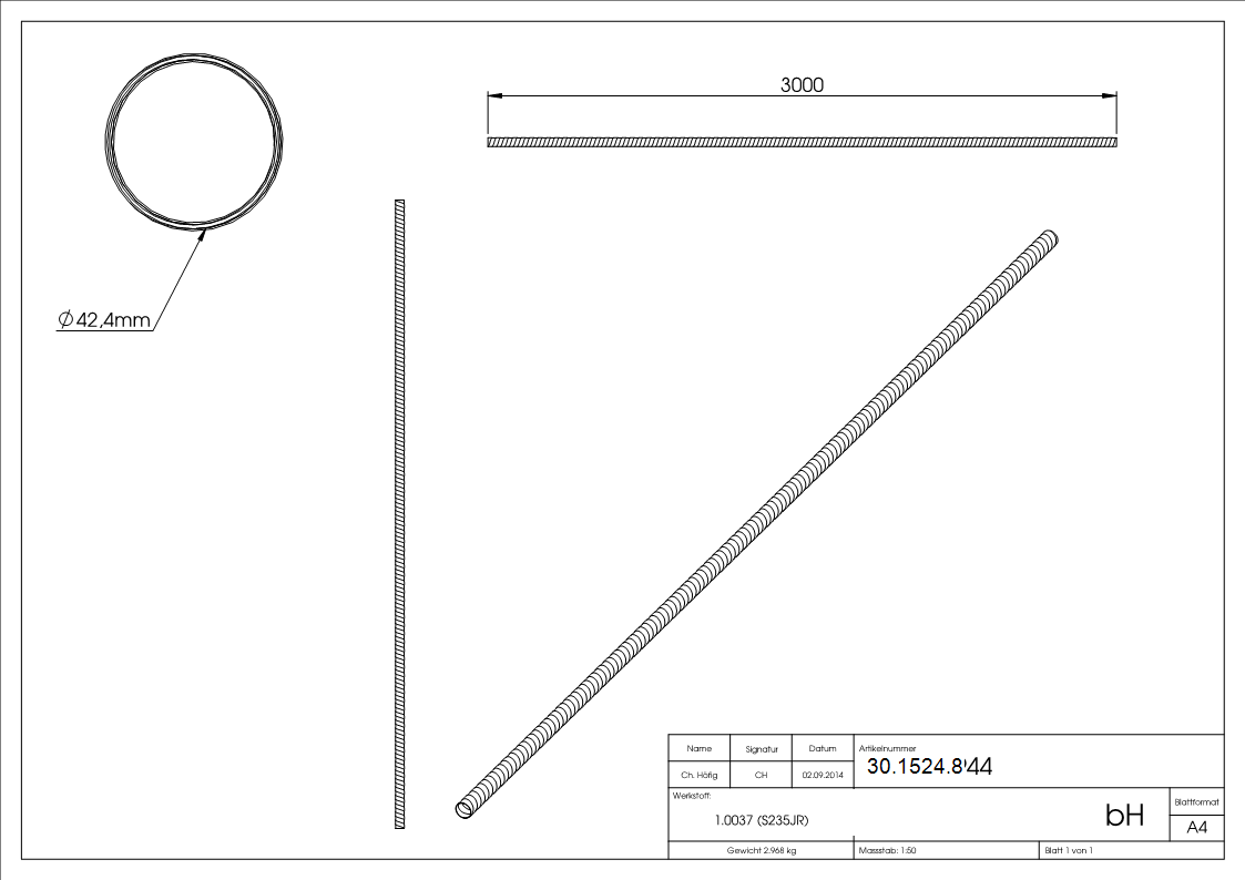 Rundrohr spindelfoermig geschmiedet  42-4x3-0 mm Laenge- 3000 mm Stahl -Roh-30-1524.8