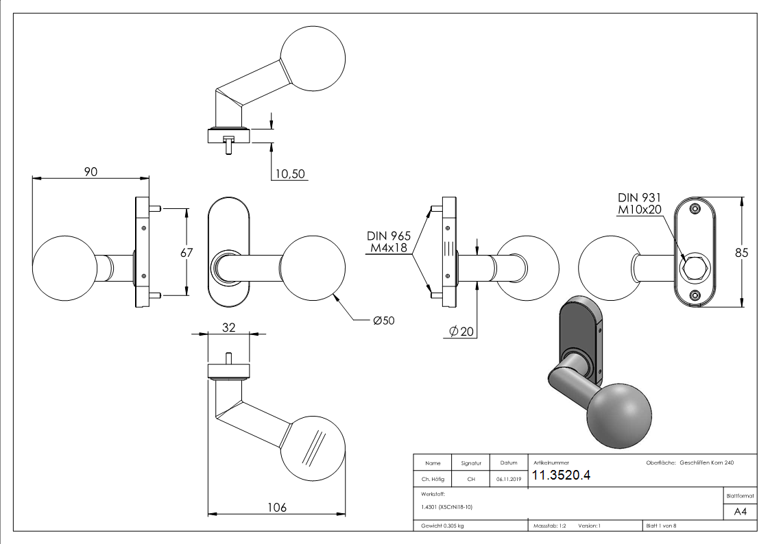 Tuerdruecker gekroepft mit Kugel Ø 50 mm feststehen V-11-3520.4
