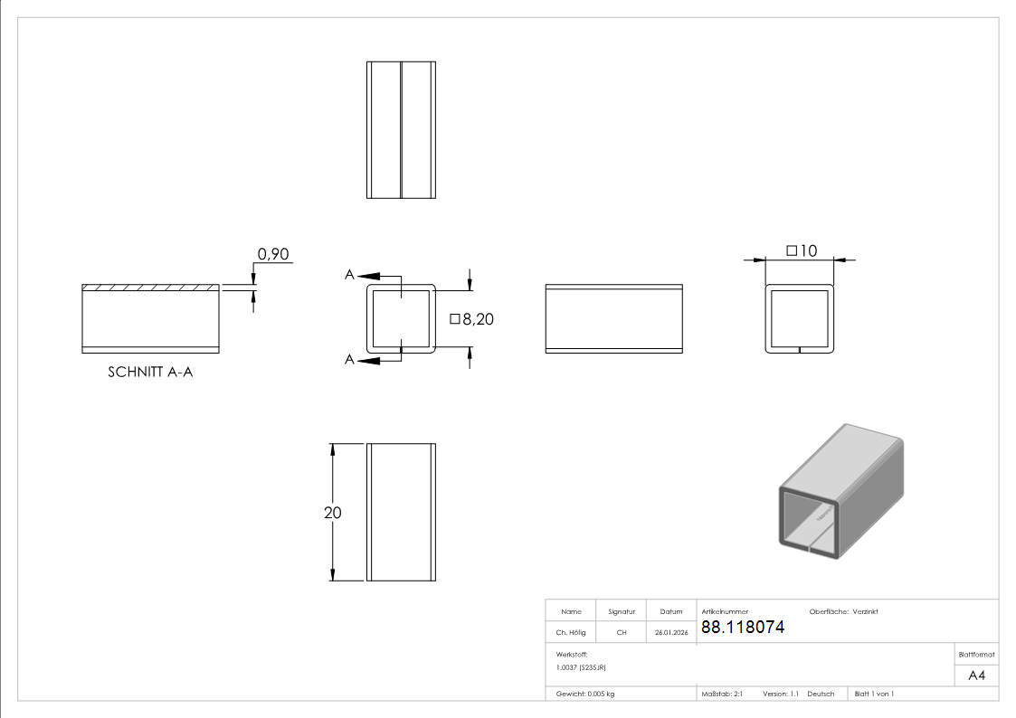 Ausgleichshuelse von 8 x 8 auf 10 x 10mm- Laenge 15mm- verzinkt-88.118074