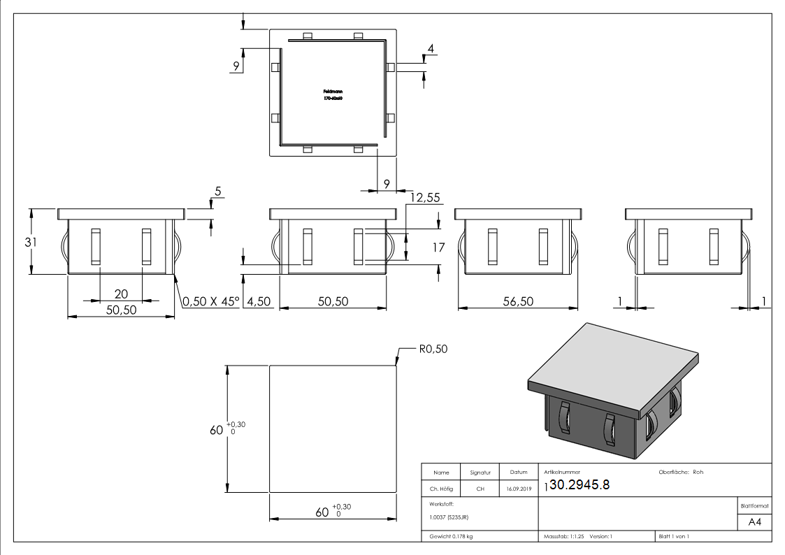 Stahlstopfen flach - fuer Rohr 60x60x2-0-3-0 mm - Stahl S235JR- roh-30-2945.8