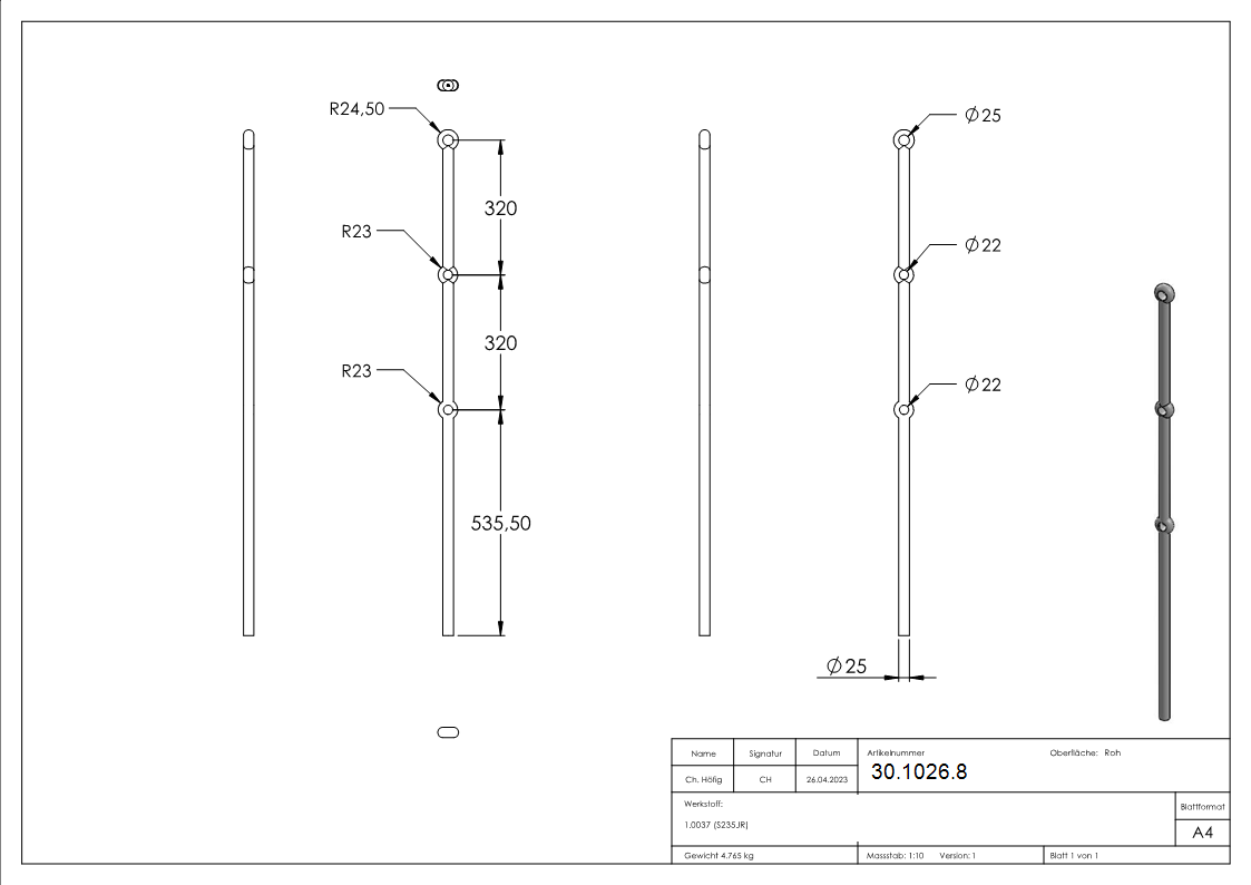 Anfangsstab Pfosten Laenge- 1200 mm Material- Ø 25 mm Stahl S235JR- roh-30-1026.8