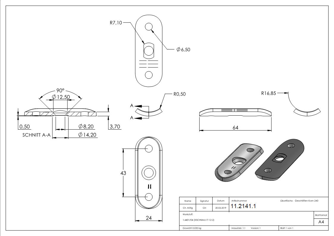 Handlaufanschlussplatte 63x25x4 mm fuer Rohr Ø 33-7 mm V4A-11-2141.1