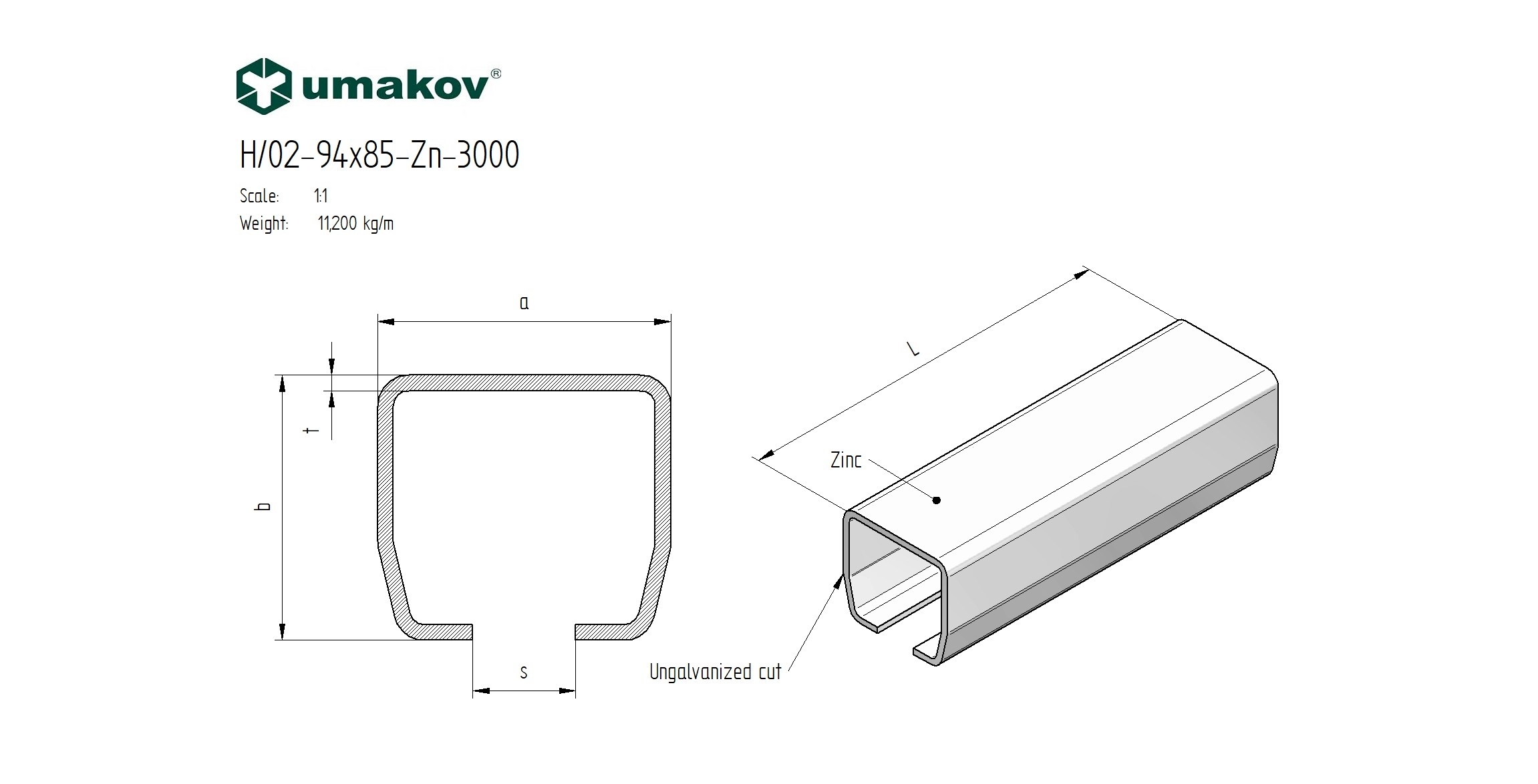 Laufschiene Stahl verzinkt 94 x 85 x 5 mm Omega-Profil L = 3000 mm-89-11H0294X85ZN3000-A.4