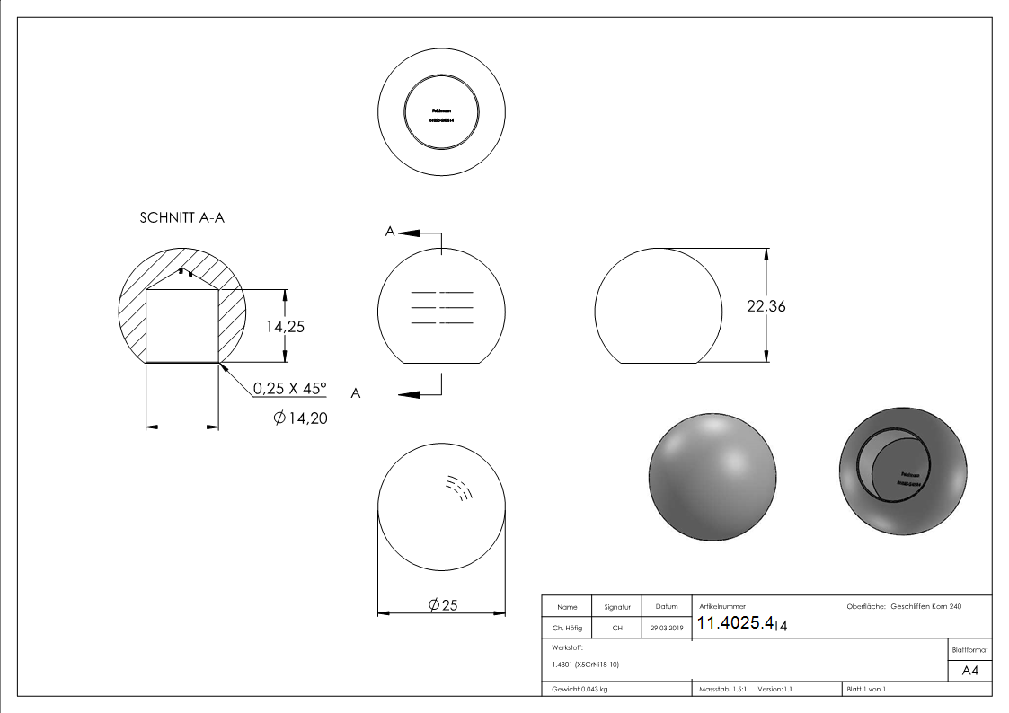 Kugel - Ø 25 mm - mit Sackloch- 14-2 mm - V2A-11-4025.4
