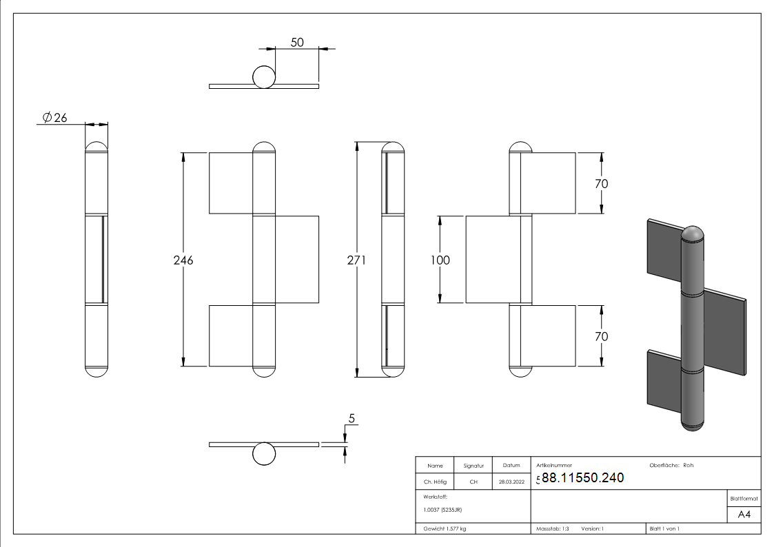 Konstruktionsscharnier Stahl 240 mm 3-teilig Typ K08-88-11550.240