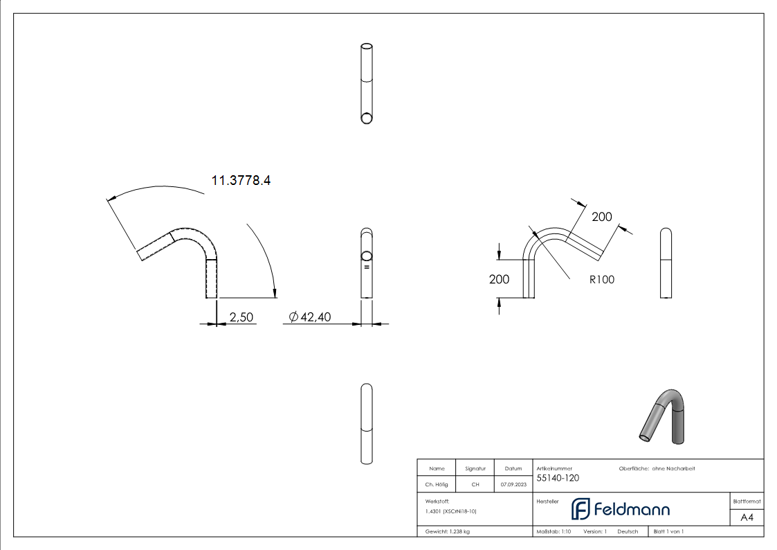 Bogen 120° zum Schweissen aus Rundrohr- Ø 42-4x2-6 mm V2A-11-3778.4