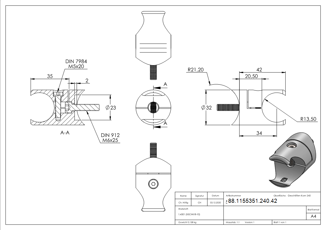 Halter Edelstahl V2A fuer Klemmprofil Ø 27 mm- Rohr Ø 42-4 mm- geschliffen Korn 240-88-1155351-240.42