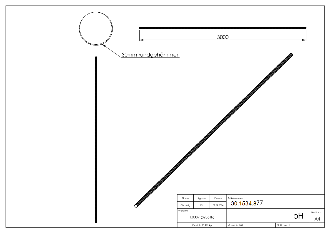 Rundeisen spindelfoermig geschmiedet Ø 30 mm Laenge- 3000 mm Stahl -Roh- S235JR-30-1534.8