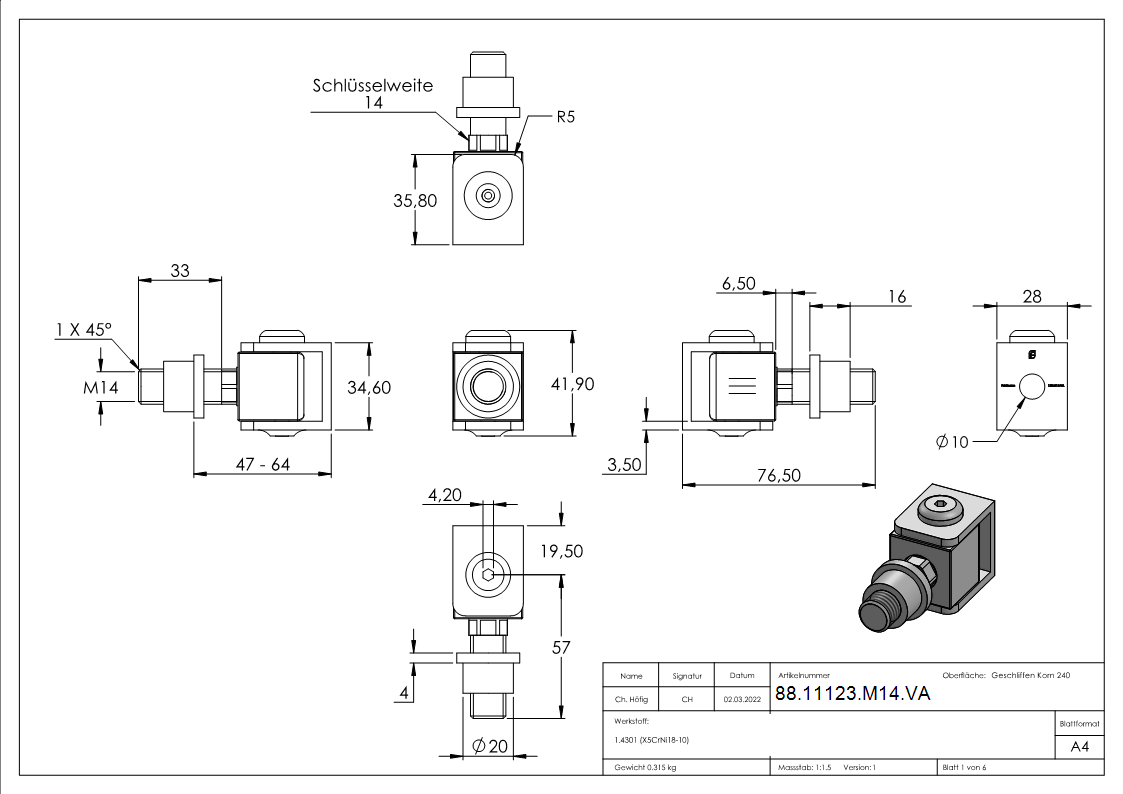 Verstellbares Torband mit Gewindehuelse M14- V2A-88-11123-M14.VA