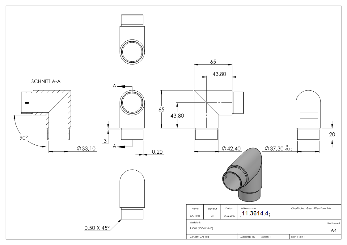 Steck-Eckbogen V2A fuer Rohr Ø 42-4 x 2-5 mm 90°-11-3614.4