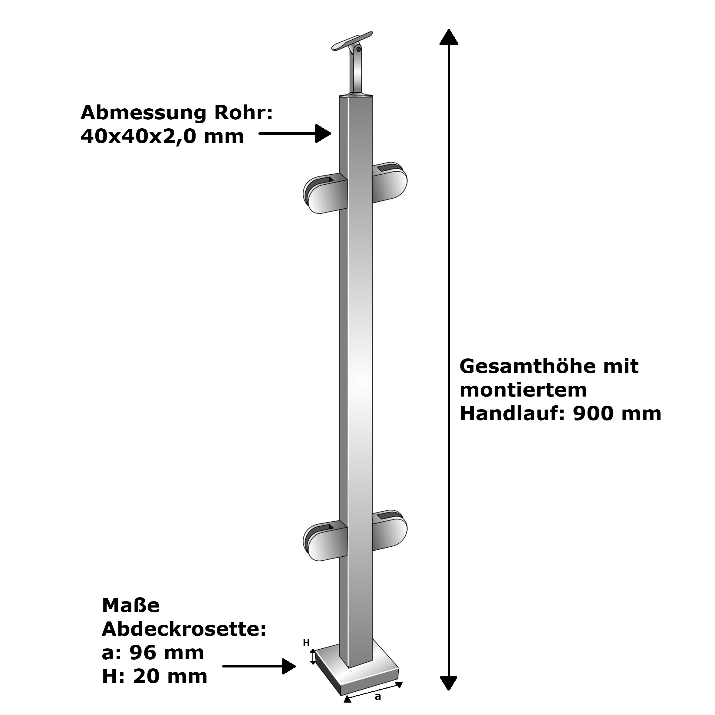 Gelaenderpfosten V2A 40x40x2 mm 900 mm Oberverankerung fuer Glas- geschliffen-14-0064EG-A.4