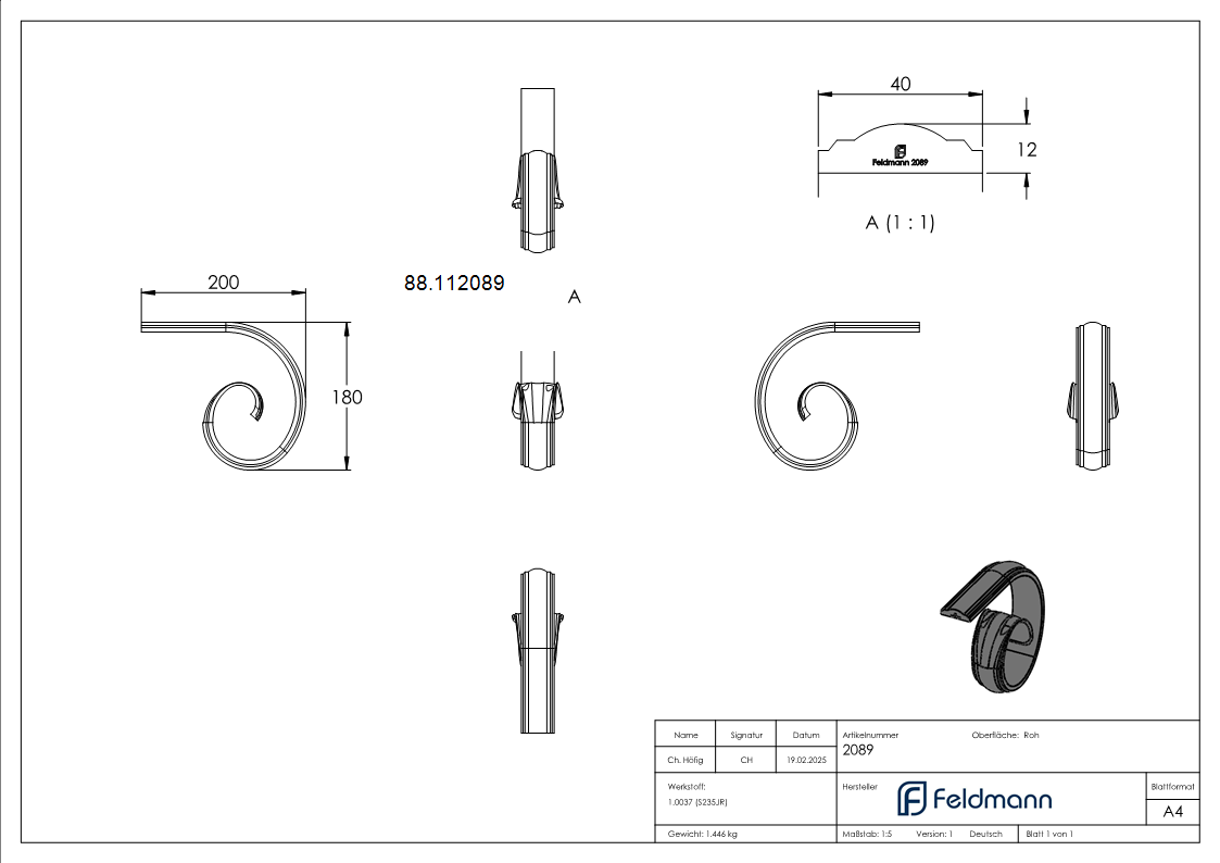 Handlaufanfaenger Stahl roh 200 x 180 mm gerollt-88.112089