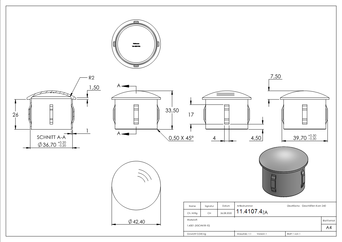 Rohrstopfen fuer Ø 42-4x2-0-2-5 mm leicht gewoelbt zum Einschlagen V2A-11-4107.4