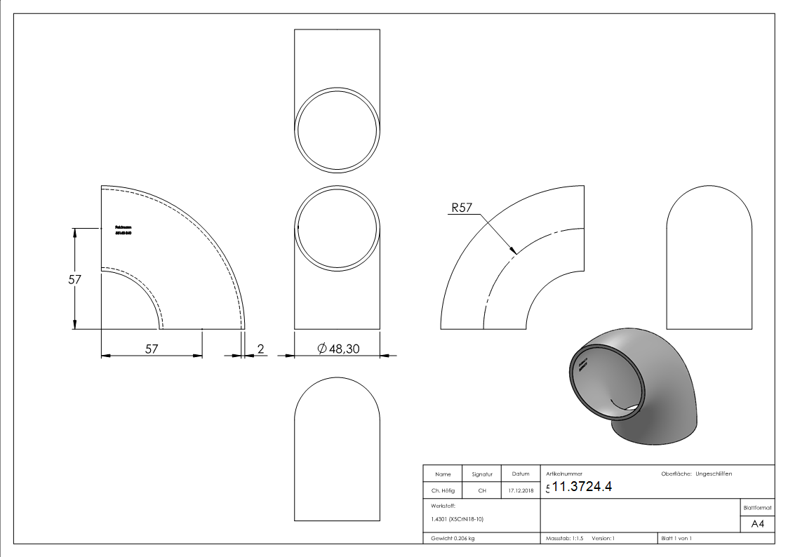 Bogen 90° zum Schweissen fuer Rundrohr- Ø 48-3 mm V2A- Bauart 3-11-3724.4