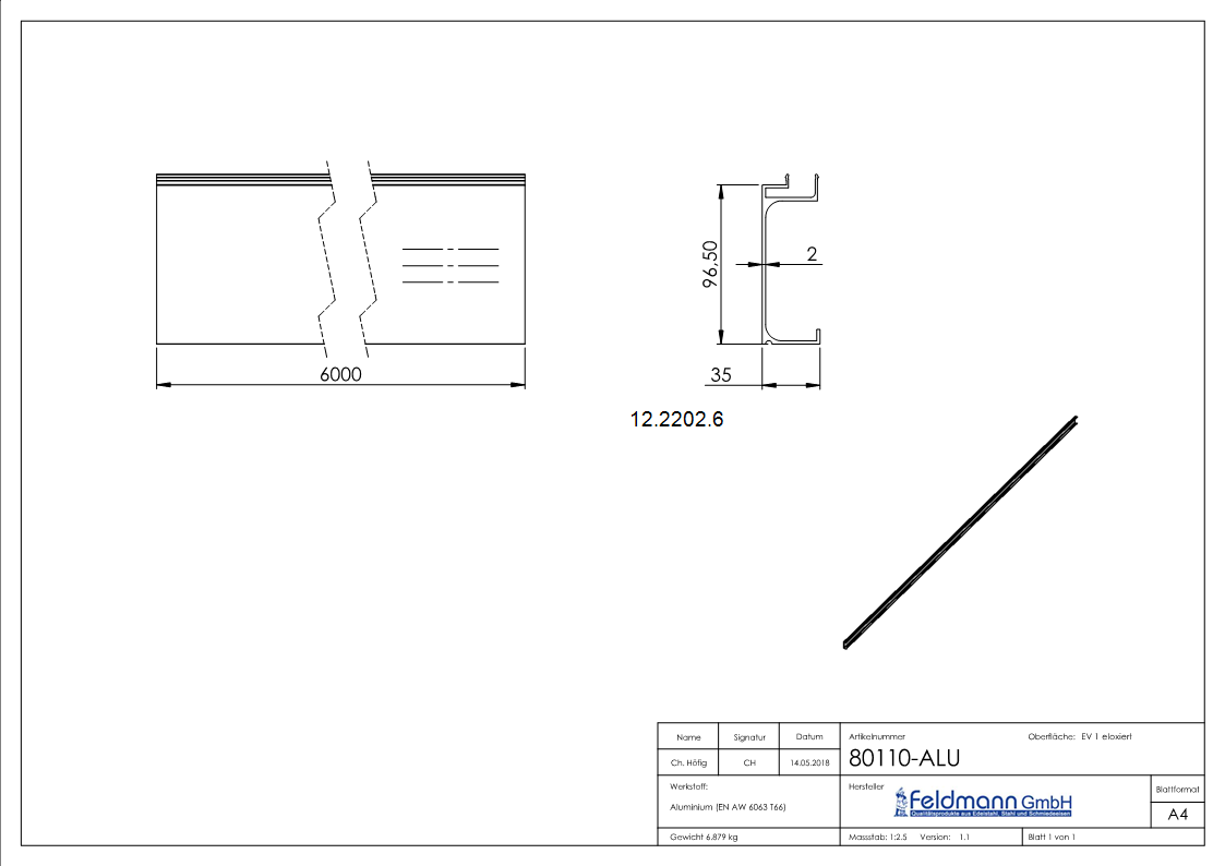 Abdeckung fuer Ganzglasgelaender - MASSIV2 - Laenge- 6000 mm - seitliche Montage - Aluminium-12-2202.6
