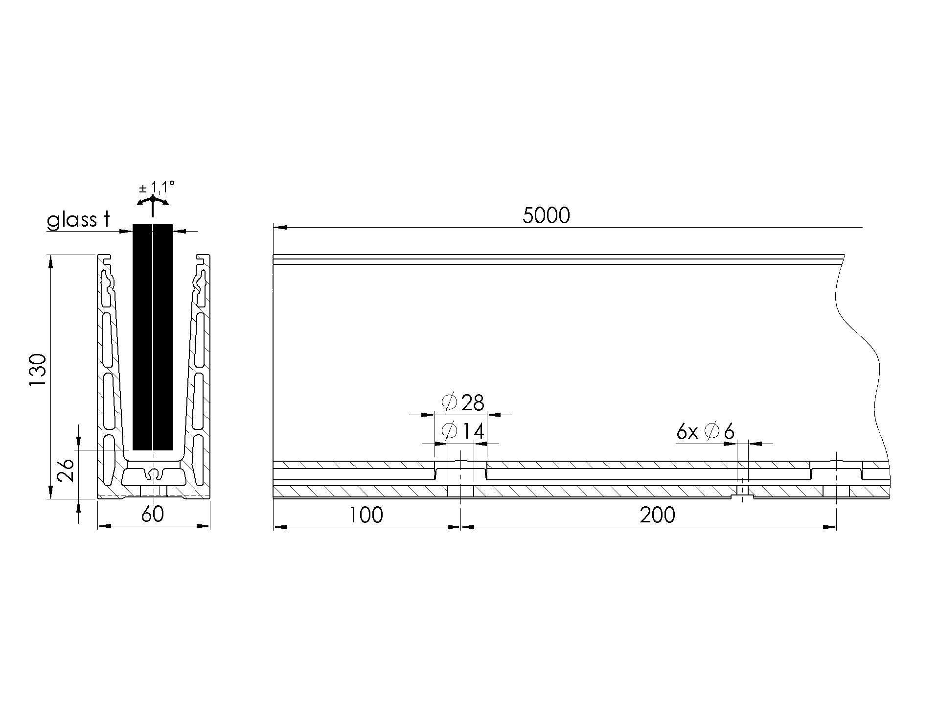 Ganzglasgelaenderprofil Aluminium 130x60 mm L 5000 mm Oberverankerung Glas 12-21-52 mm-89-11AL0004PRO5000SE-A.4