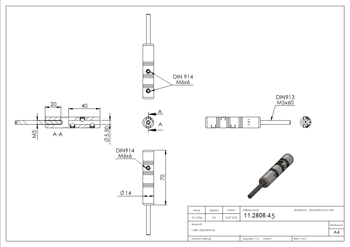 Gewindeterminal zur Selbstmontage - Fuer Seil- Ø 5 mm - mit Aussengewinde - V2A-11-2806.4