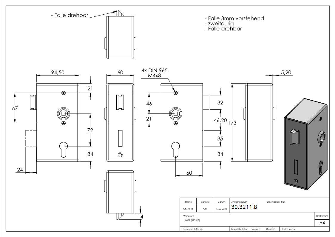 Schlosskasten - Masse- 173x94-5x60 mm - Dorn- 8 mm - Stahl -roh- S235 JR - AMF Artikel- 16758-30-3211.8